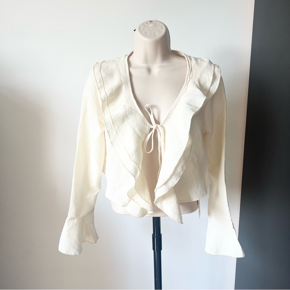 Friful Women’s Cream Ruffle Tie-Front Cardigan Top Size M New with Tags